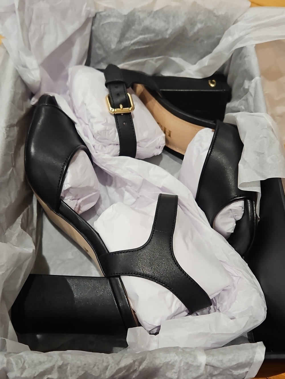 Coach Marla Black Leather Block Heel Sandals with Gold Buckle